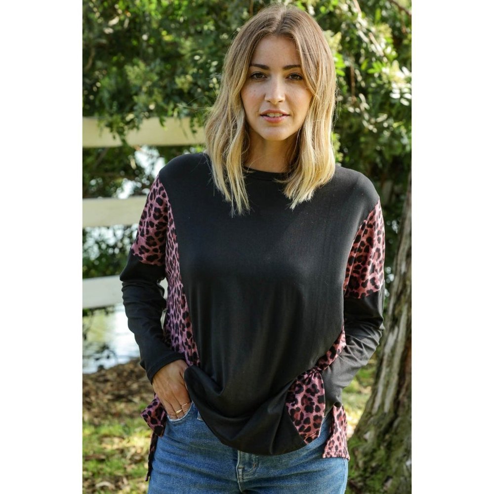 Leopard Print Color Block Dolman Loose Fit Top - Picture 7 of 10